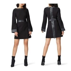 TOCCIN New York Size 2 Black Faux Leather Trim Fit & Flare Mini Dress Edgy Chic